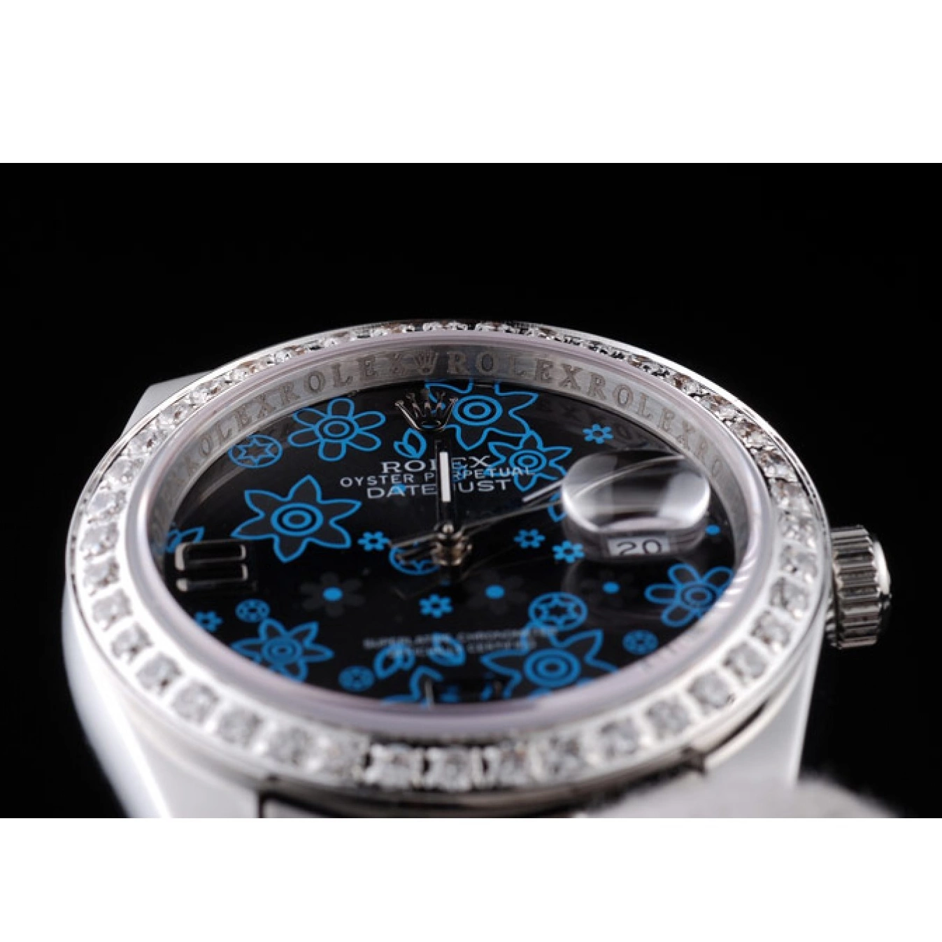 Aaa replica watch Datejust Plated Dark Diamond Rolex Polished Dial Flowers Stainless Blue Steel 0714